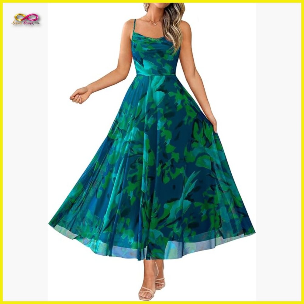 Floral Mesh Maxi Dress Elegant Cowl Neck Spaghetti Strap Boho Party Wear
